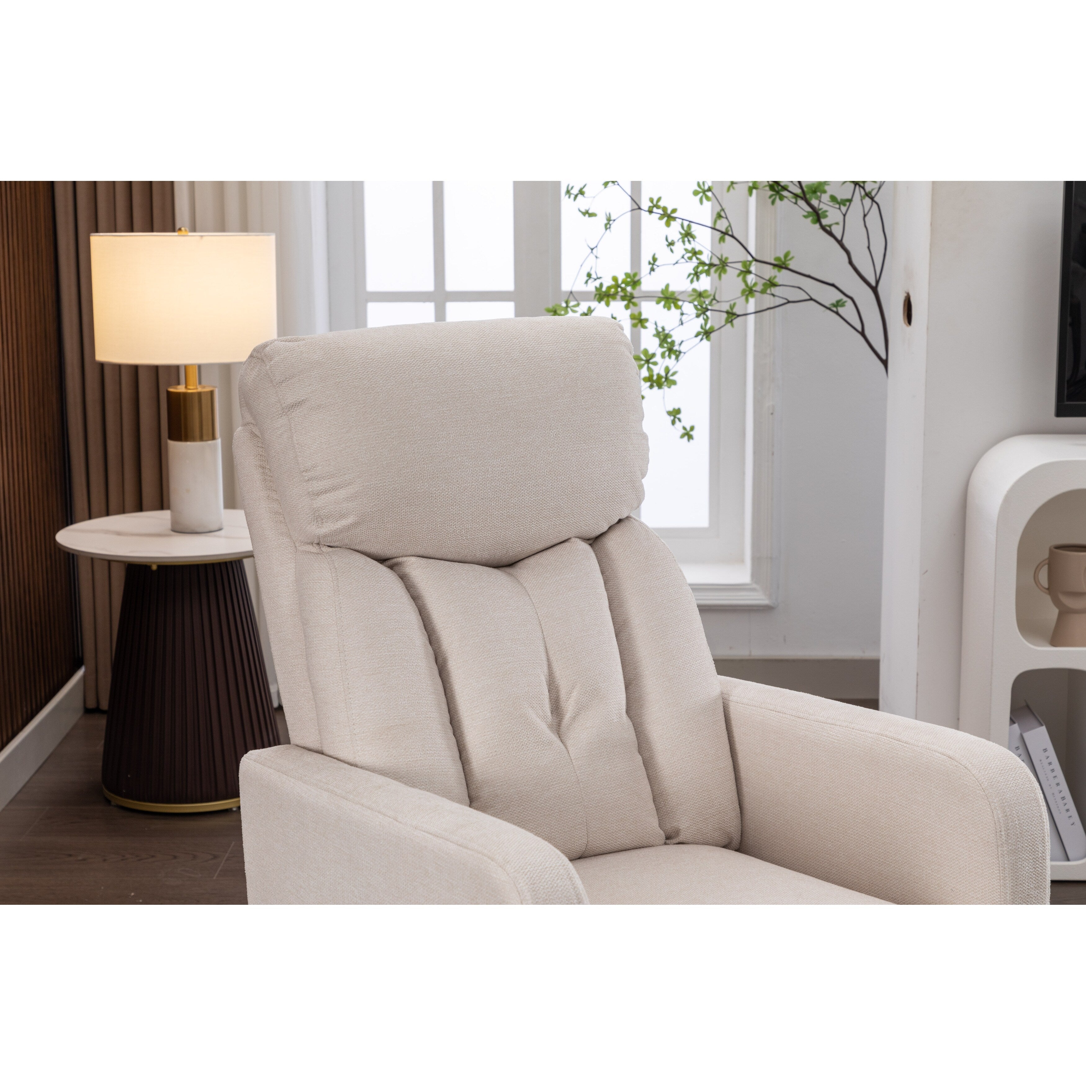 022-Linen Fabric Swivel Rocking Chair Gilder Chair With Pocket