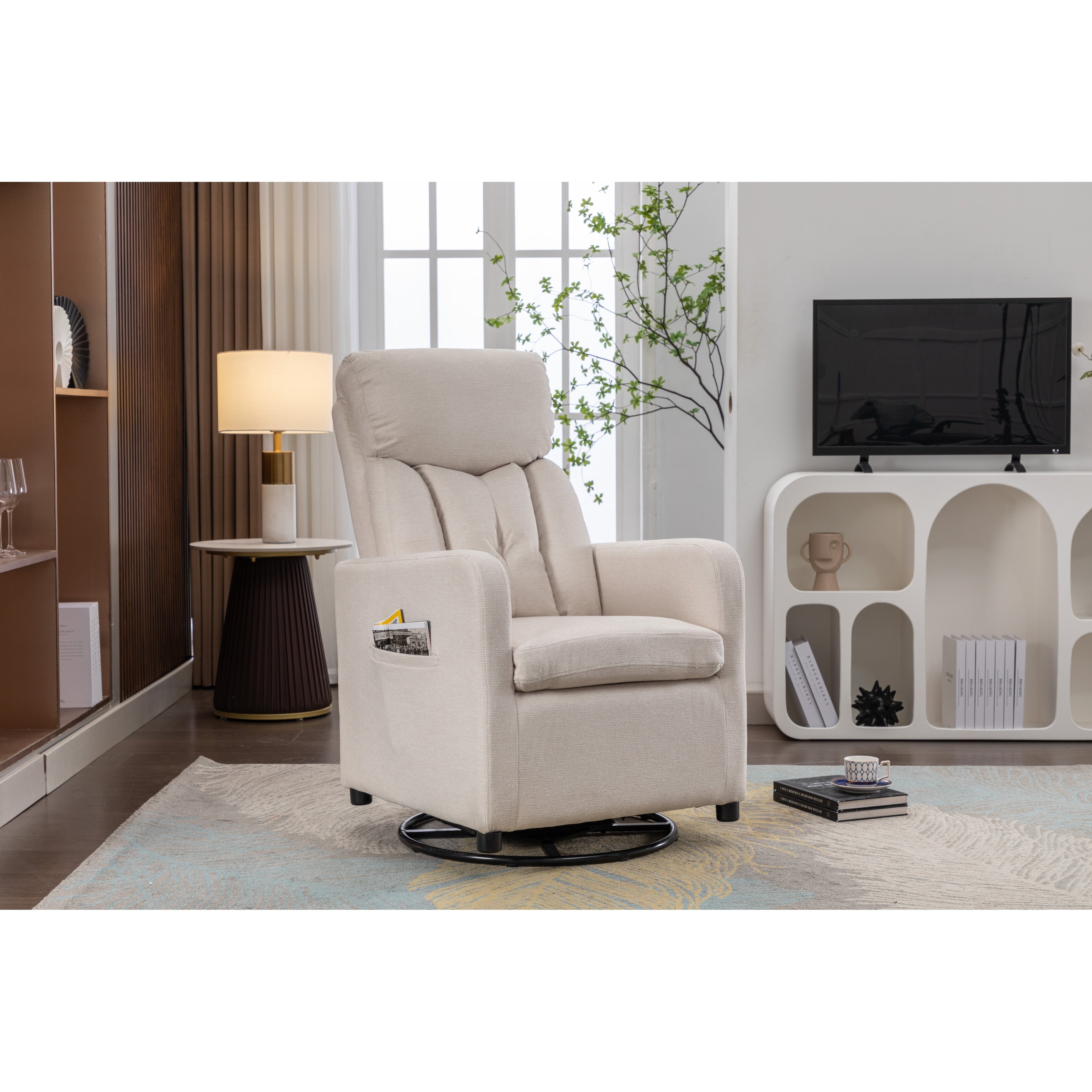 022-Linen Fabric Swivel Rocking Chair Gilder Chair With Pocket