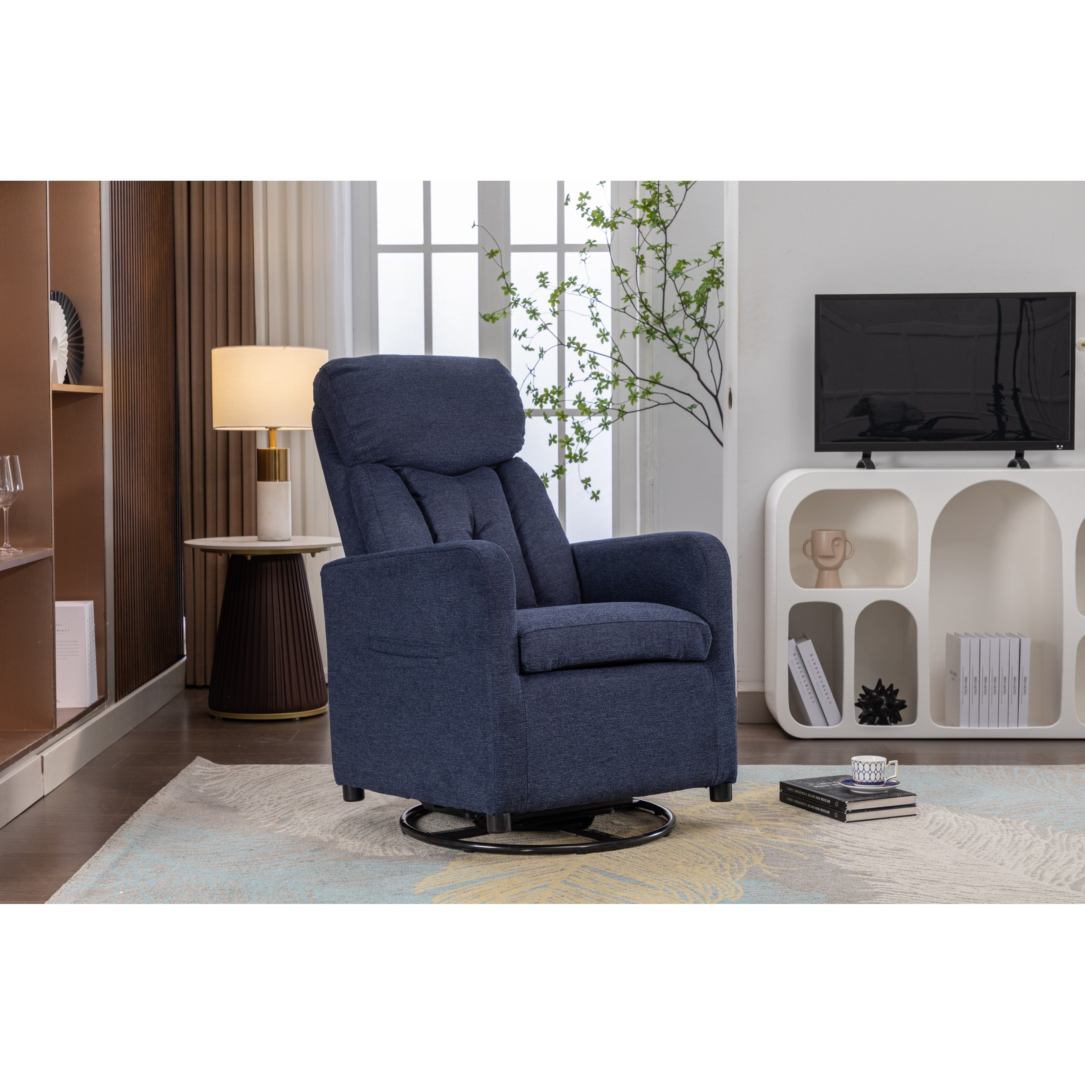 022-Linen Fabric Swivel Rocking Chair Gilder Chair With Pocket