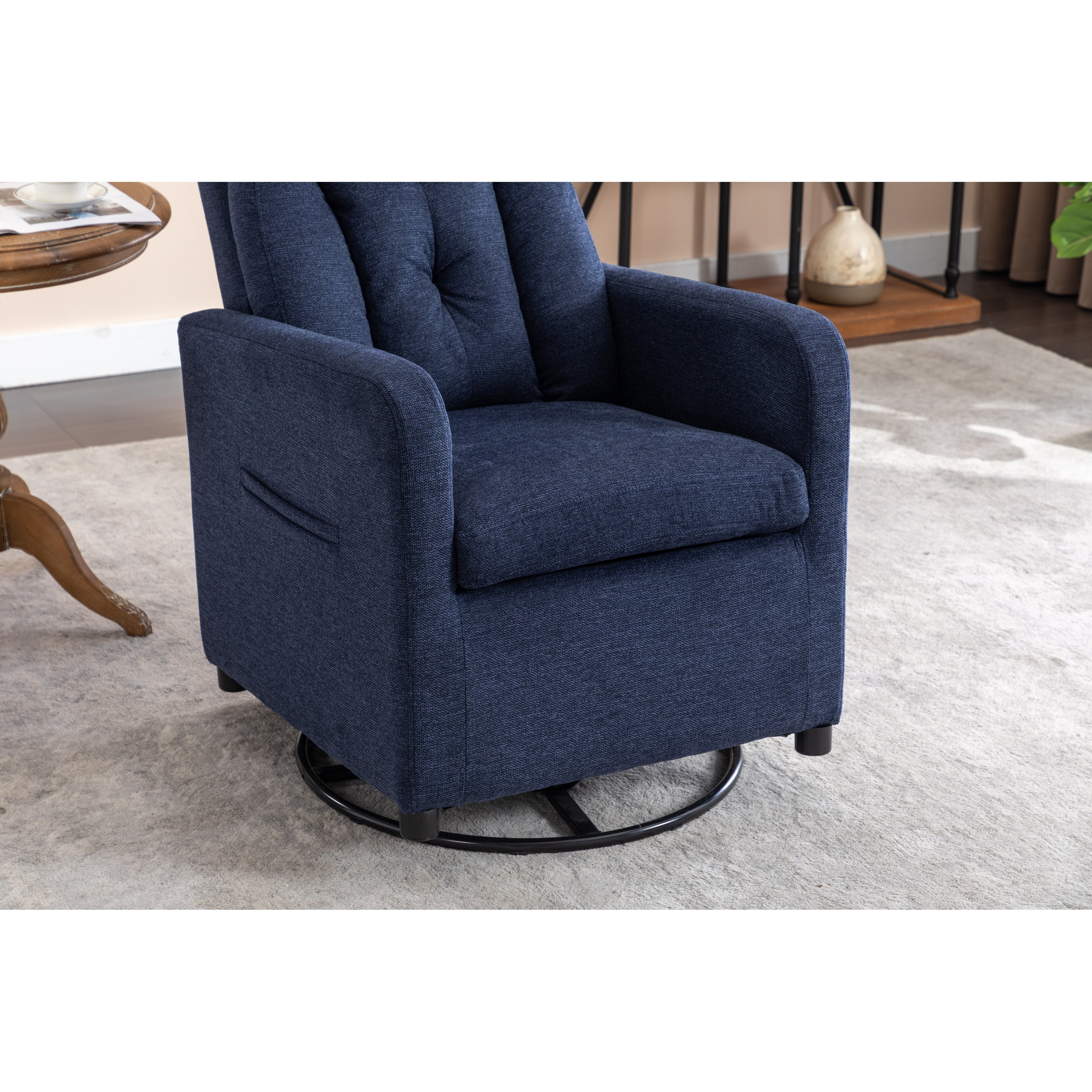 022-Linen Fabric Swivel Rocking Chair Gilder Chair With Pocket