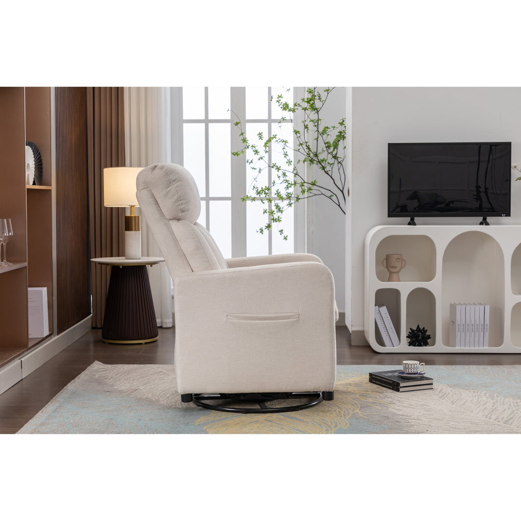 022-Linen Fabric Swivel Rocking Chair Gilder Chair With Pocket