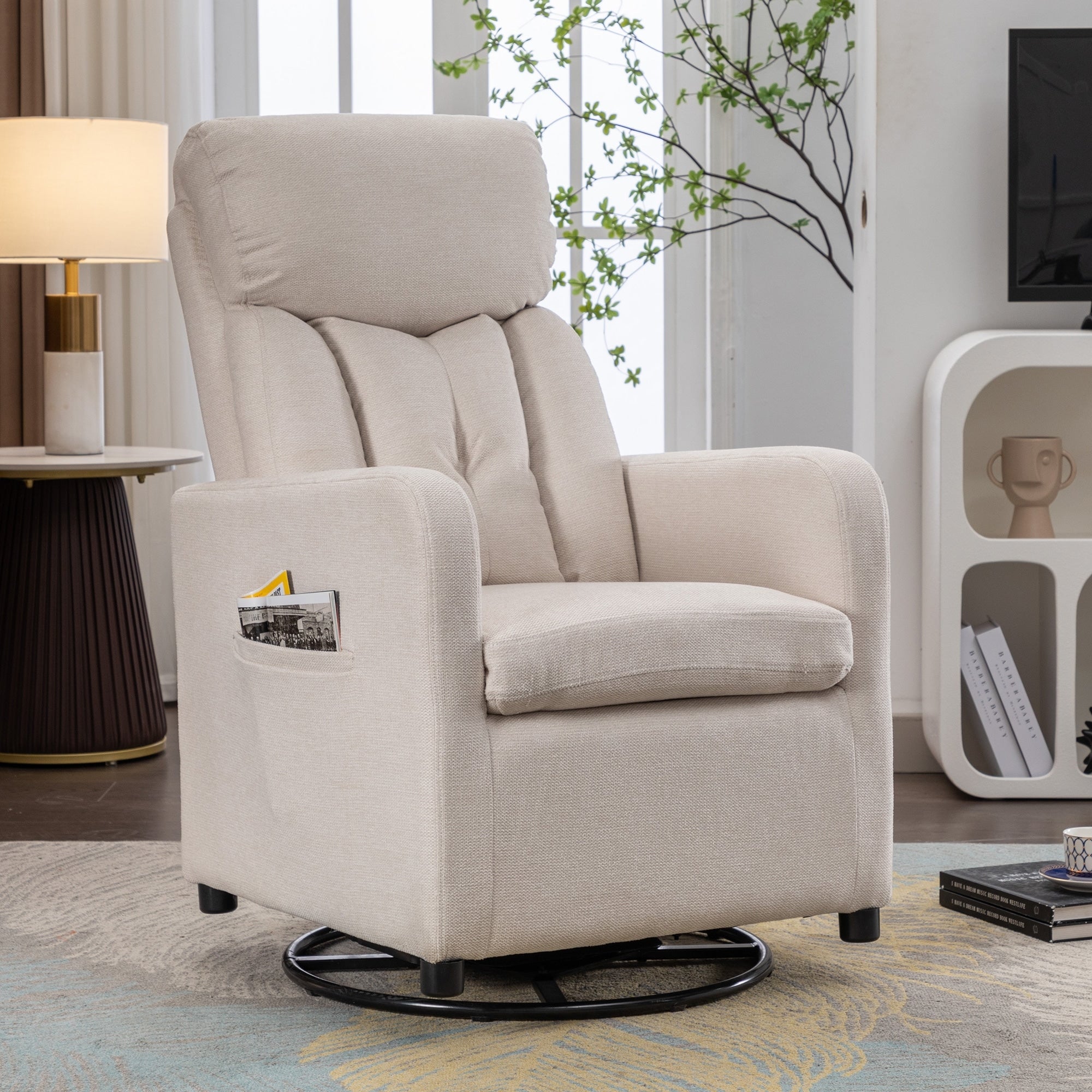 022-Linen Fabric Swivel Rocking Chair Gilder Chair With Pocket