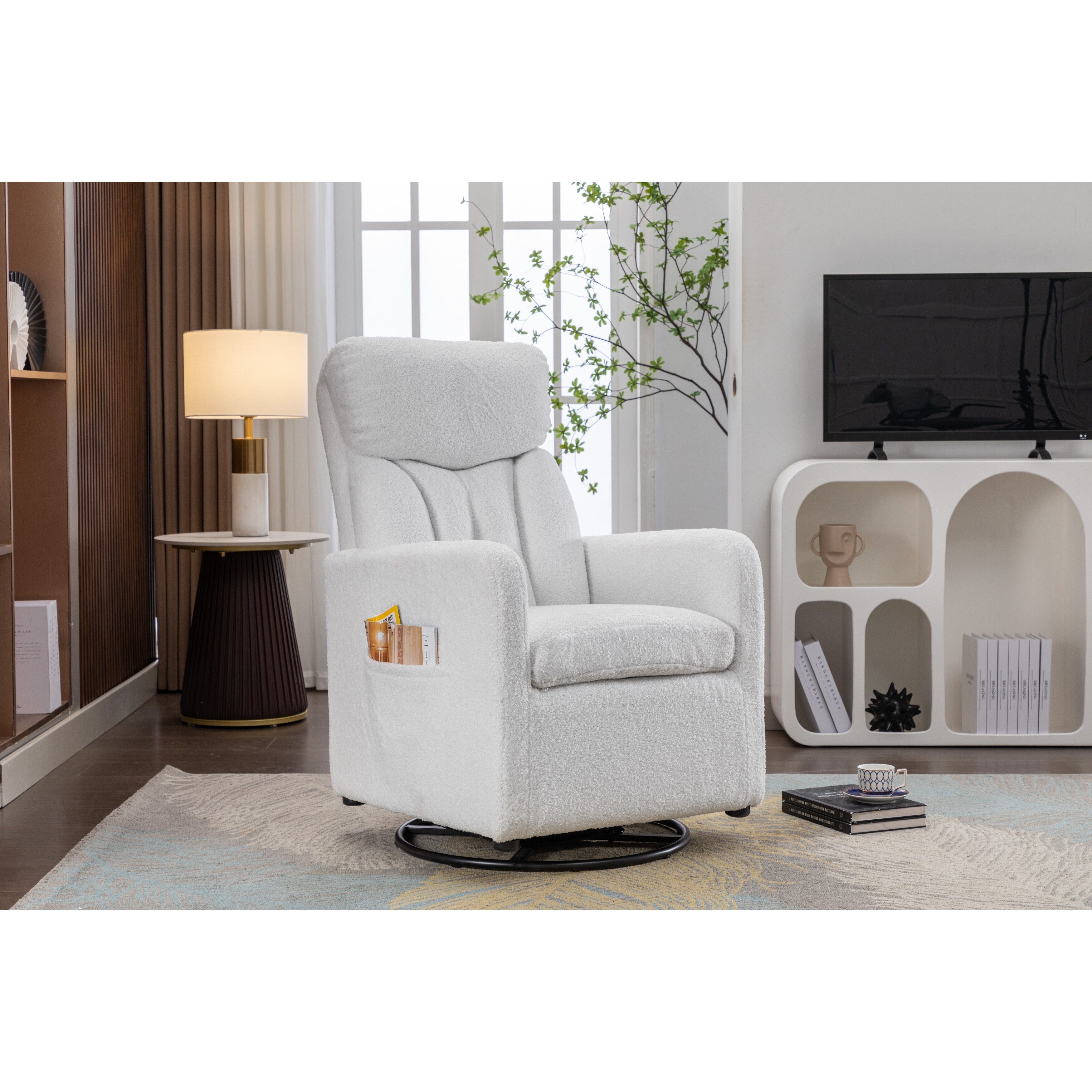 022-Linen Fabric Swivel Rocking Chair Gilder Chair With Pocket