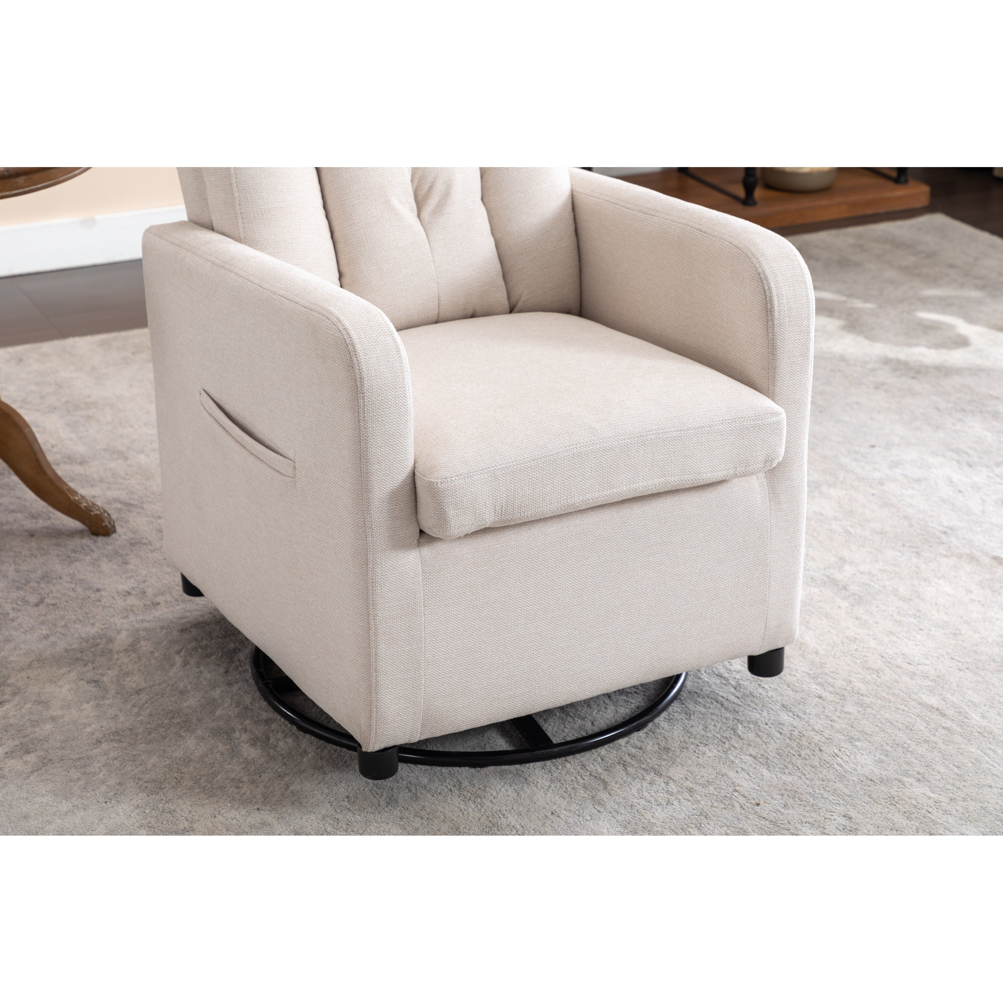 022-Linen Fabric Swivel Rocking Chair Gilder Chair With Pocket