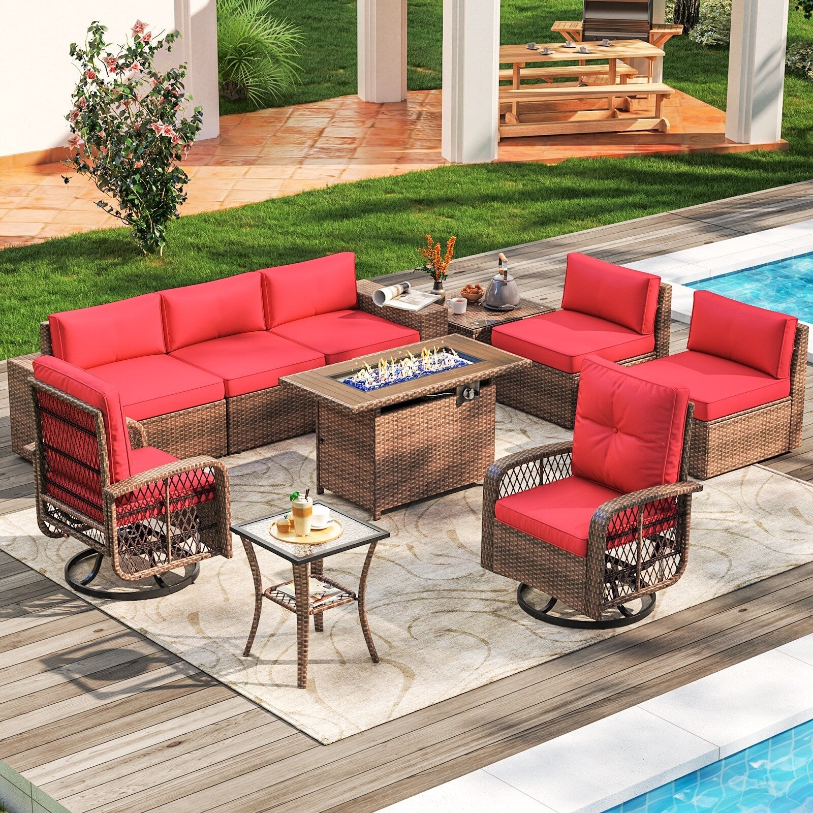 10 PCS Patio Furniture Set with Fire Pit Table