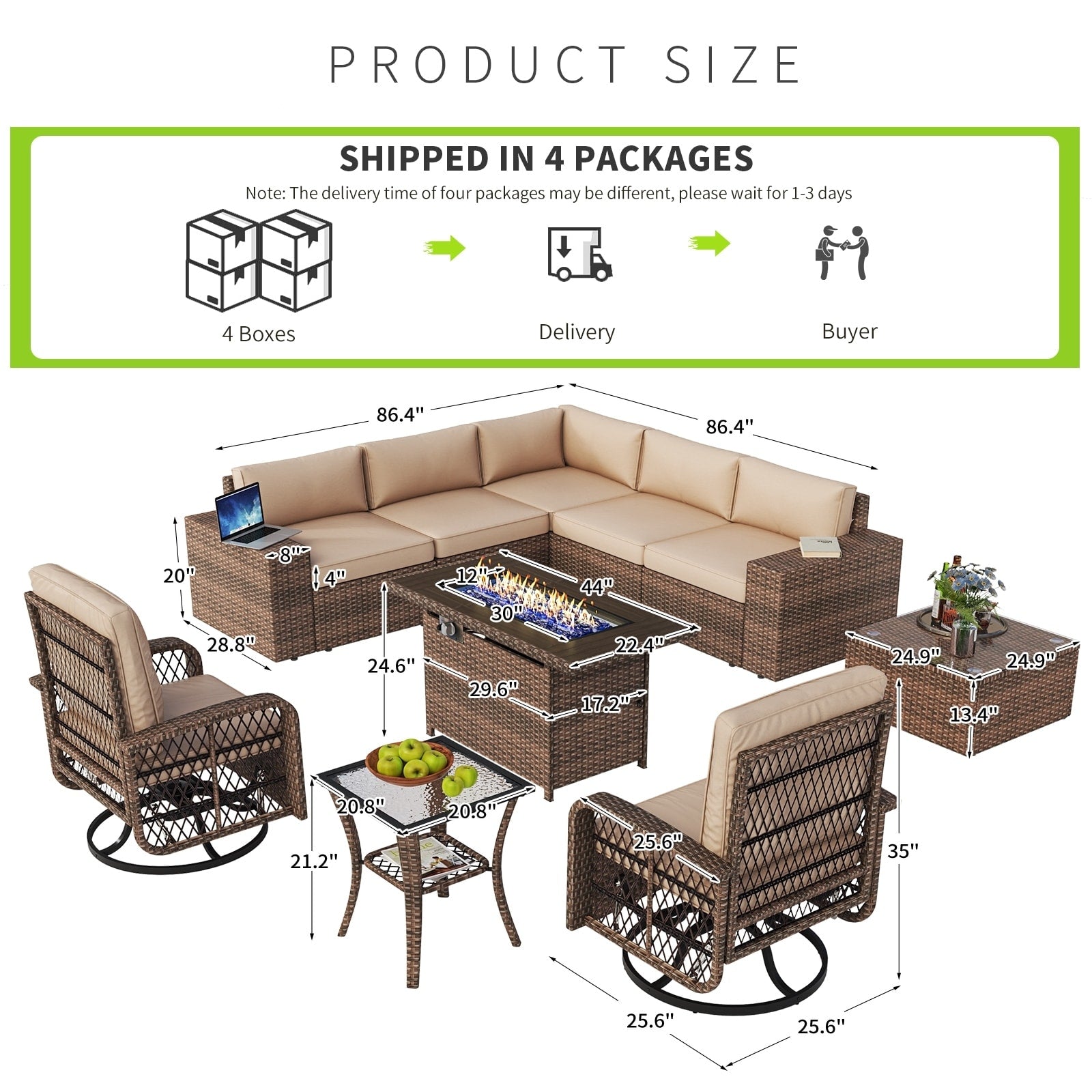 10 PCS Patio Furniture Set with Fire Pit Table
