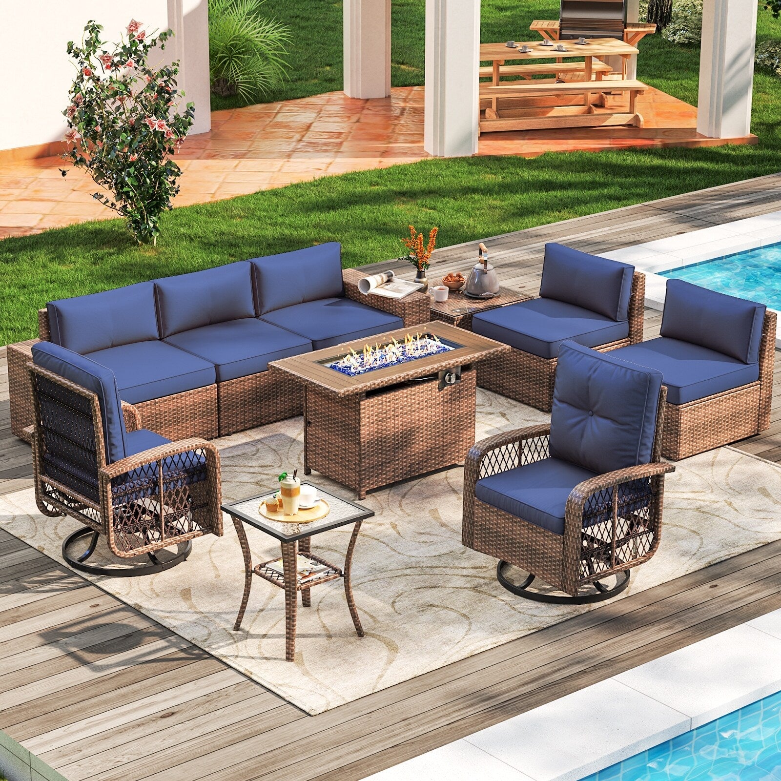 10 PCS Patio Furniture Set with Fire Pit Table