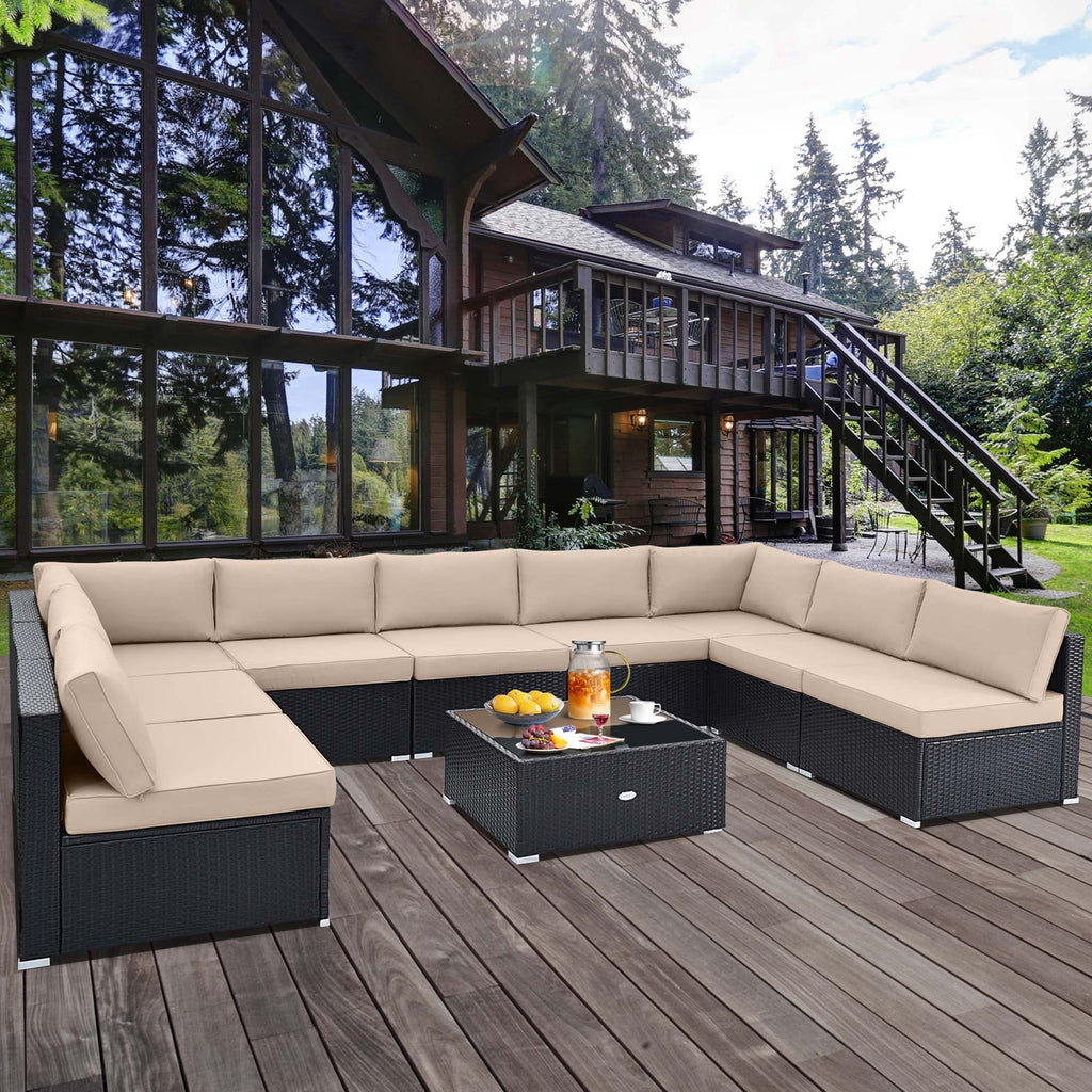 10 PCS Patio Rattan Furniture Set Wicker Sofa Table Cushioned Seat